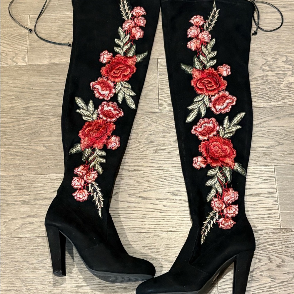 Floral Embroidered Black Knee-High Boots